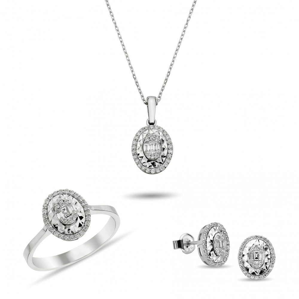 0,66 Karat Efekli Pırlantalı Baget Beyaz Altın Set Takım